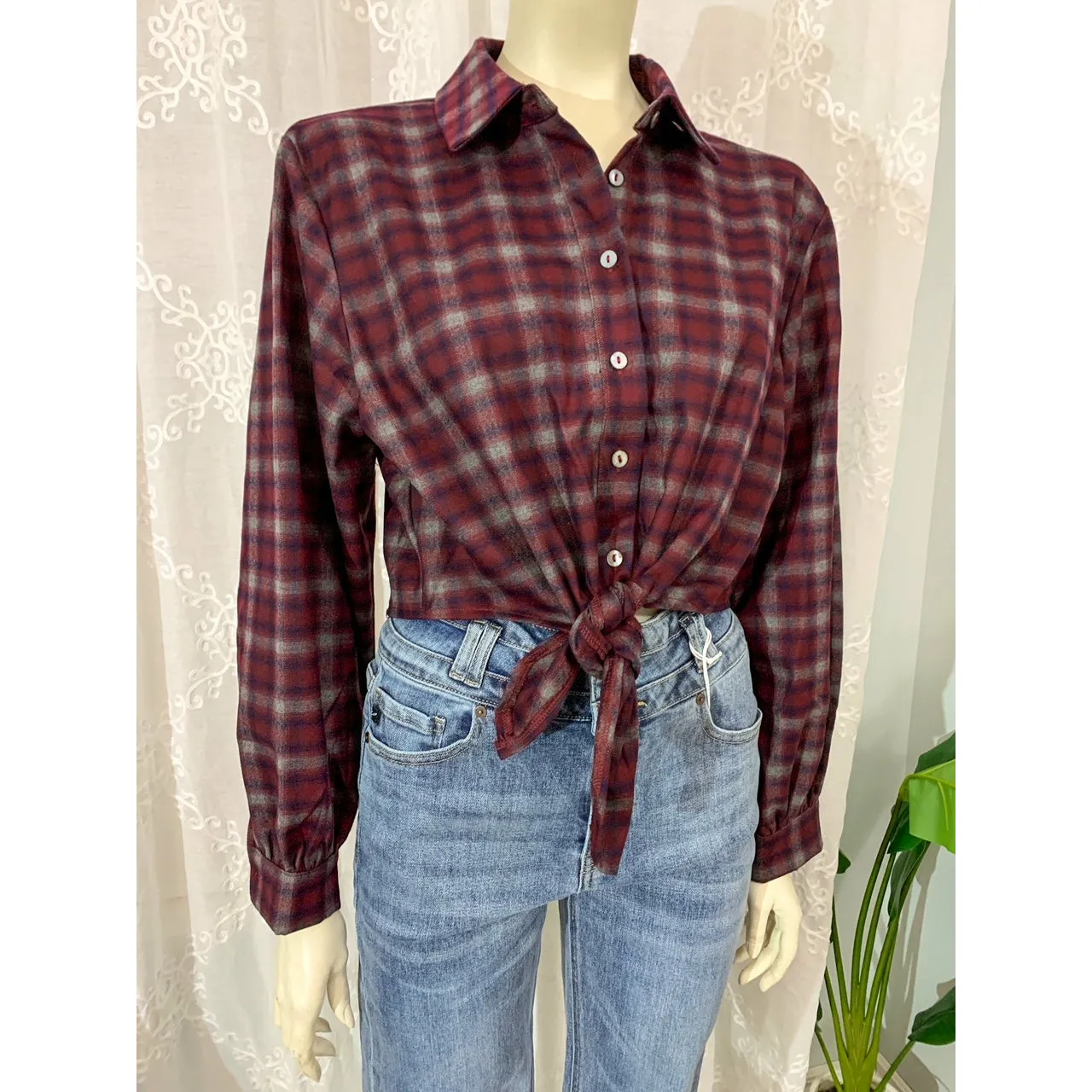 So Ready Woven Front Tie Plaid Shirt/ Top- Wine