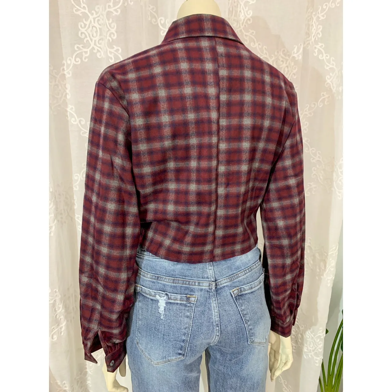 So Ready Woven Front Tie Plaid Shirt/ Top- Wine