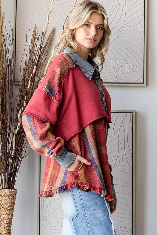 Solid & Plaid Mixed Oli&Hali Shirt: Berry