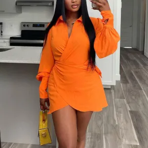 Solid Lantern Sleeve Irregular Shirt Dress