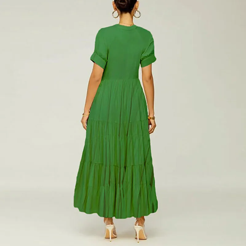 Solid Short Sleeve Pleated Maxi Shirt Dress