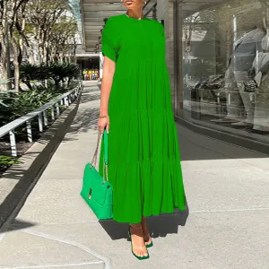 Solid Short Sleeve Pleated Maxi Shirt Dress