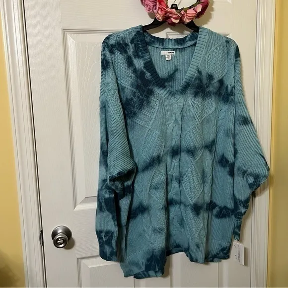 Sonoma Womens Plus Size Blue Cable Knit V Neck Sweater