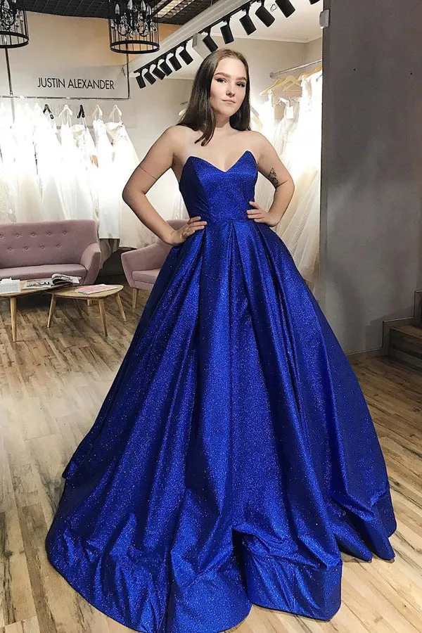 Sparkle Royal Blue Tulle Strapless V-neck A-Line Prom Dress with Pockets,MP574