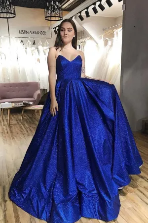 Sparkle Royal Blue Tulle Strapless V-neck A-Line Prom Dress with Pockets,MP574