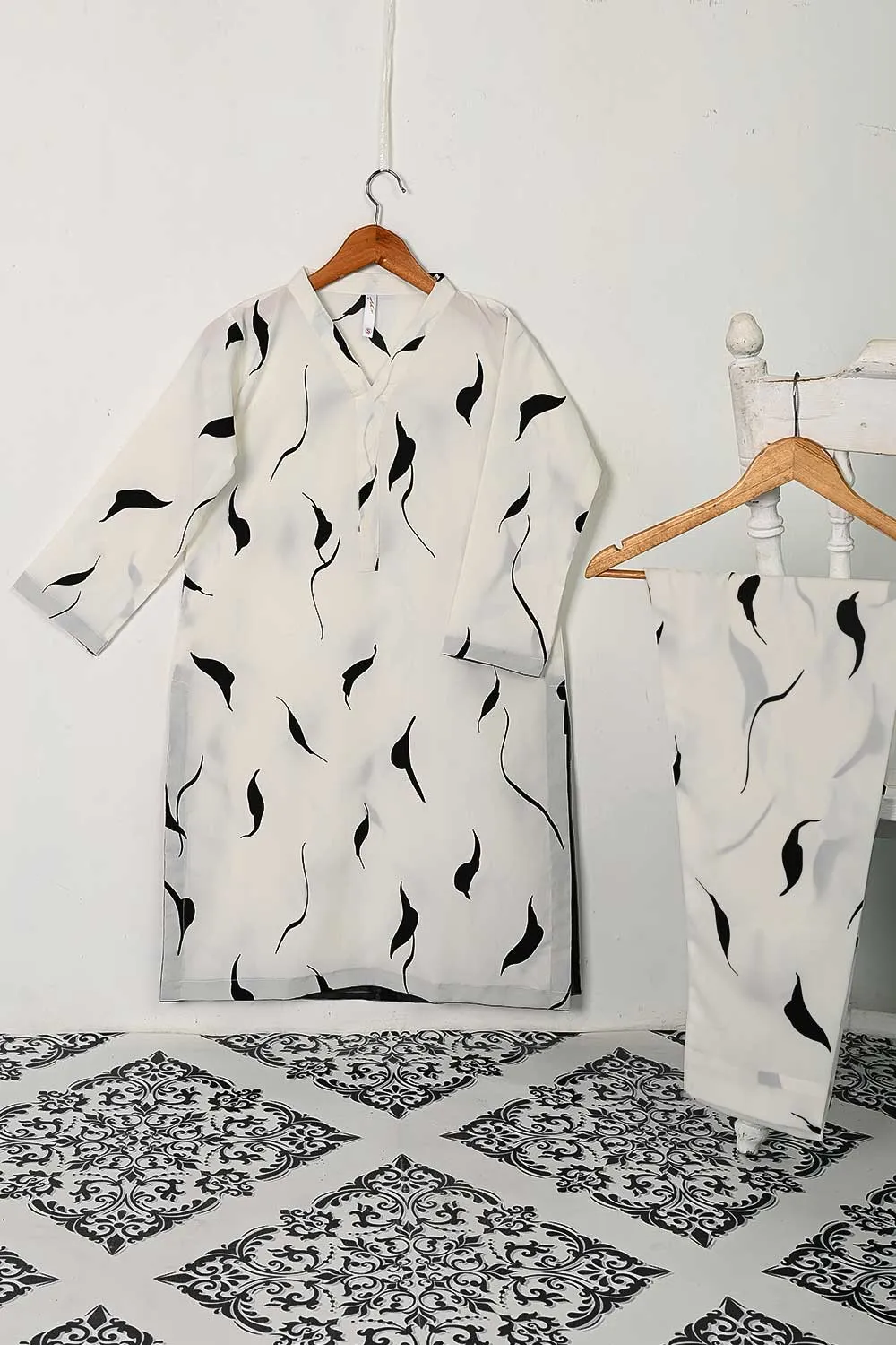 STP-134A-White -  2PC GEORGETTE CREPE DIGITAL PRINTED STITCHED