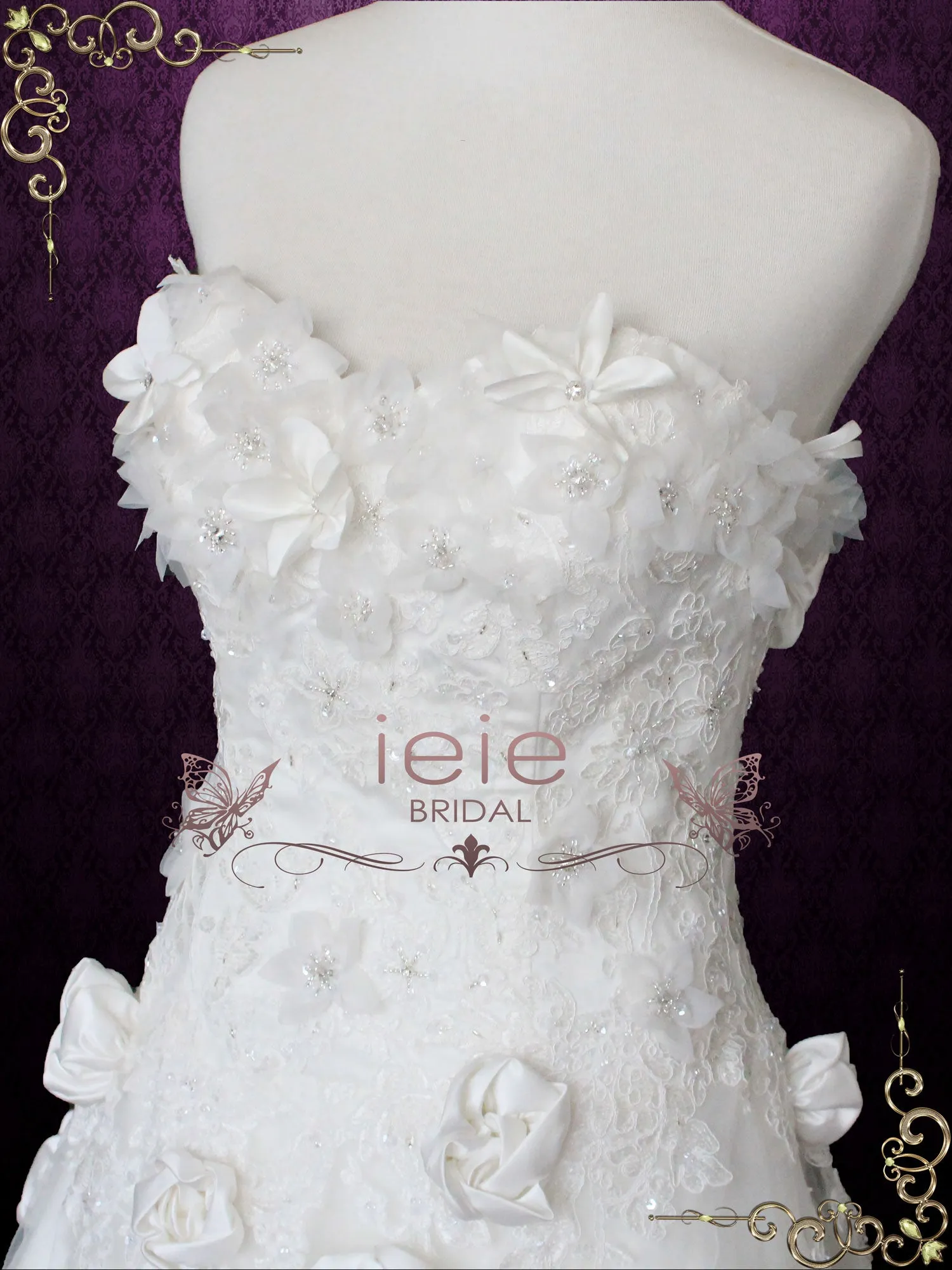 Strapless A-line Floral Rosette Adorned Lace Wedding Gown CATIE