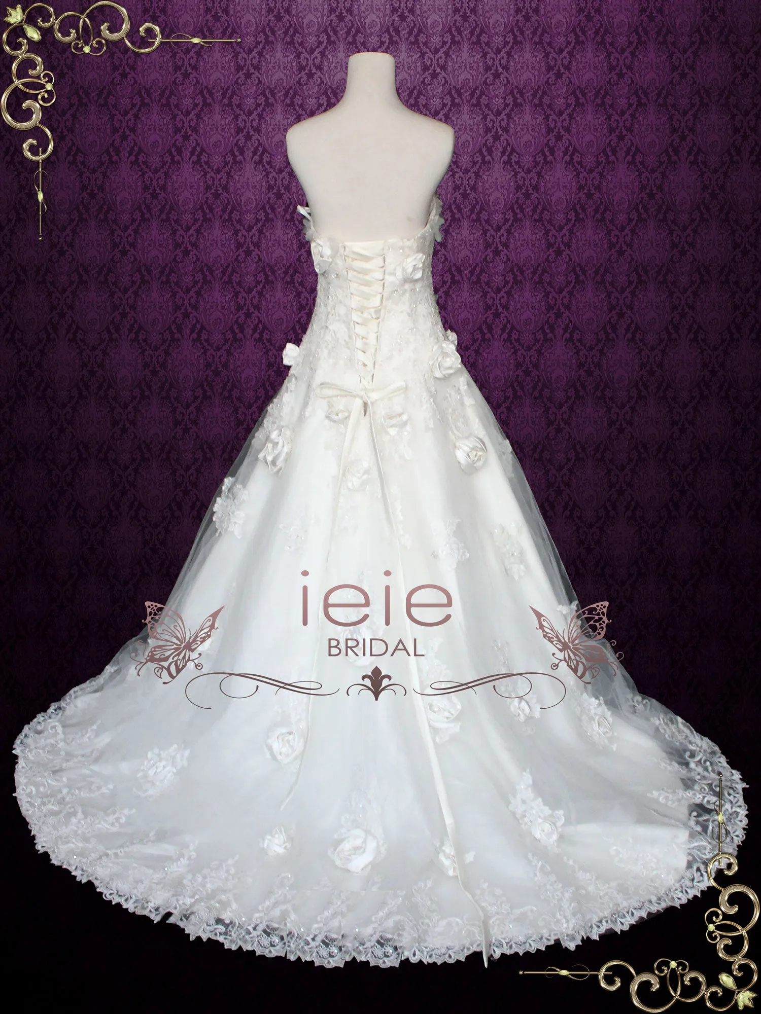 Strapless A-line Floral Rosette Adorned Lace Wedding Gown CATIE