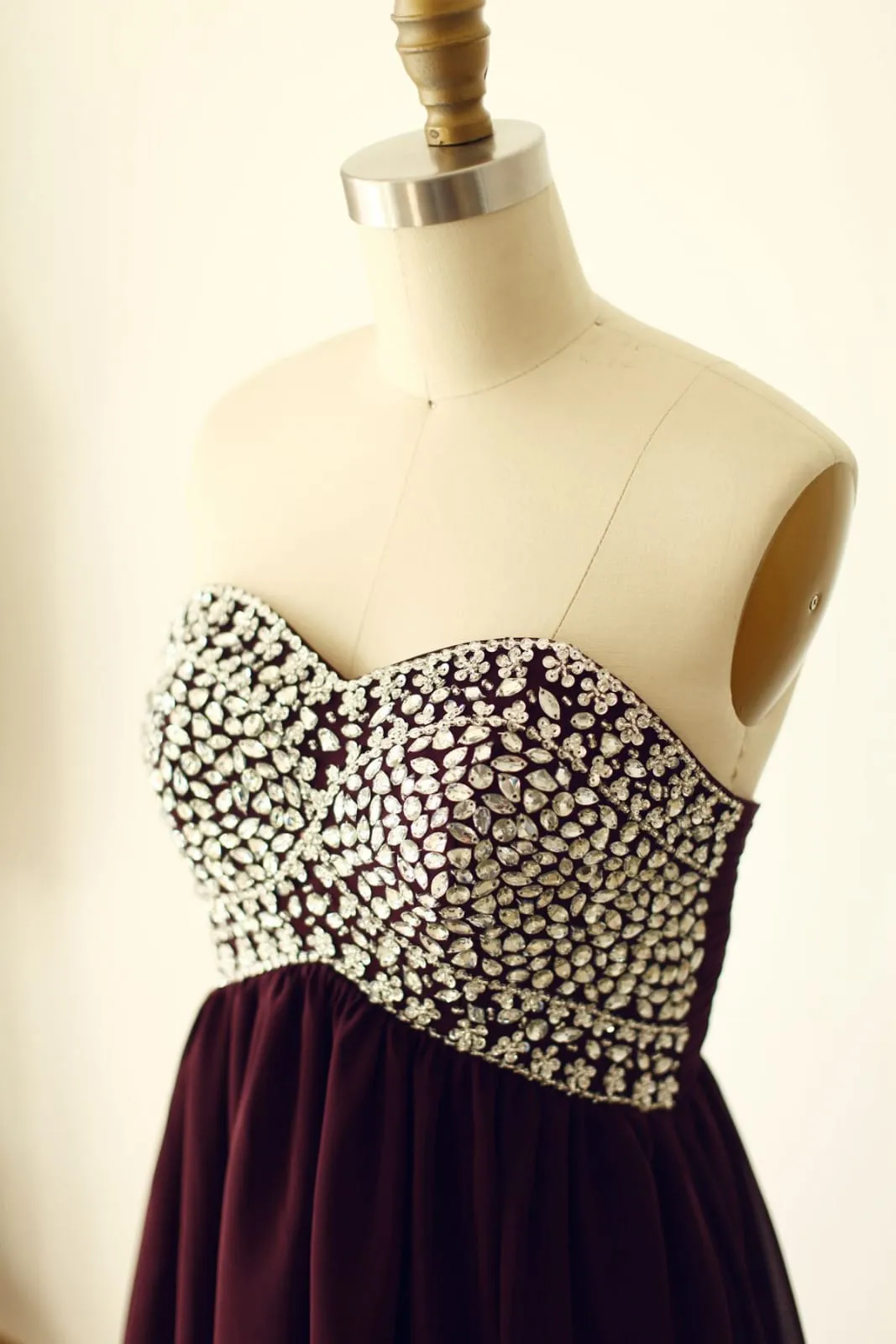 Strapless Sweetheart Wine Red Beaded Chiffon Long Prom Dress
