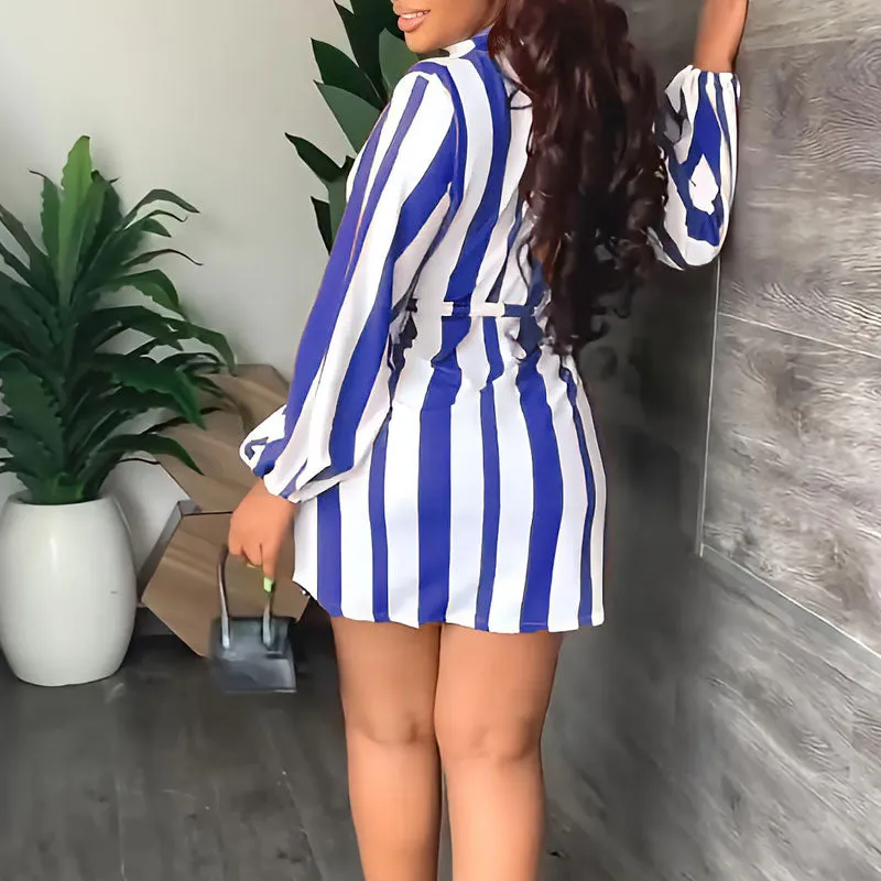 Striped Pattern Long Sleeve Belted Shirt Dress