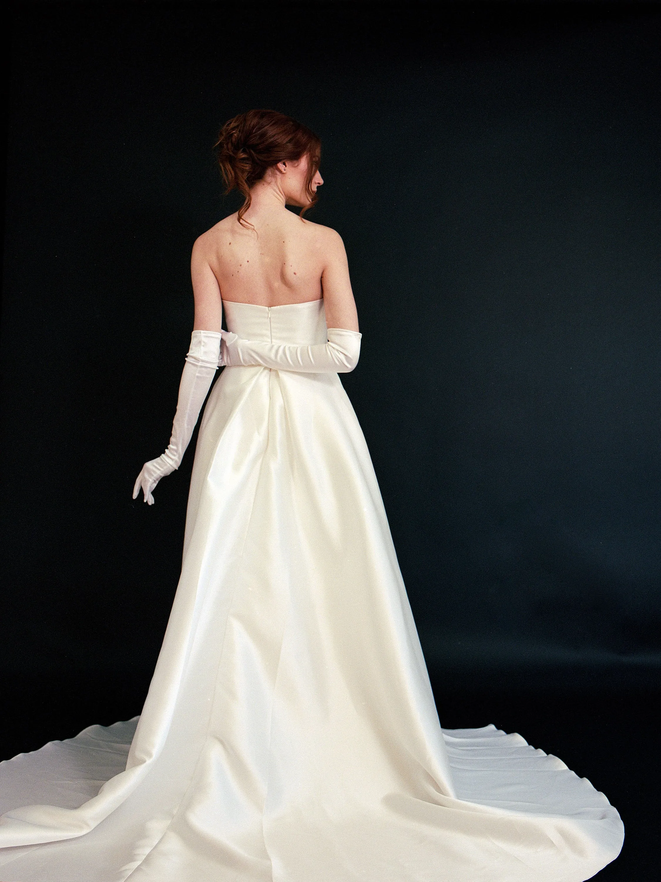 Style D2415 - Lux Mikado Strapless Pleated Bodice sheath gown with detachable A-line Skirt