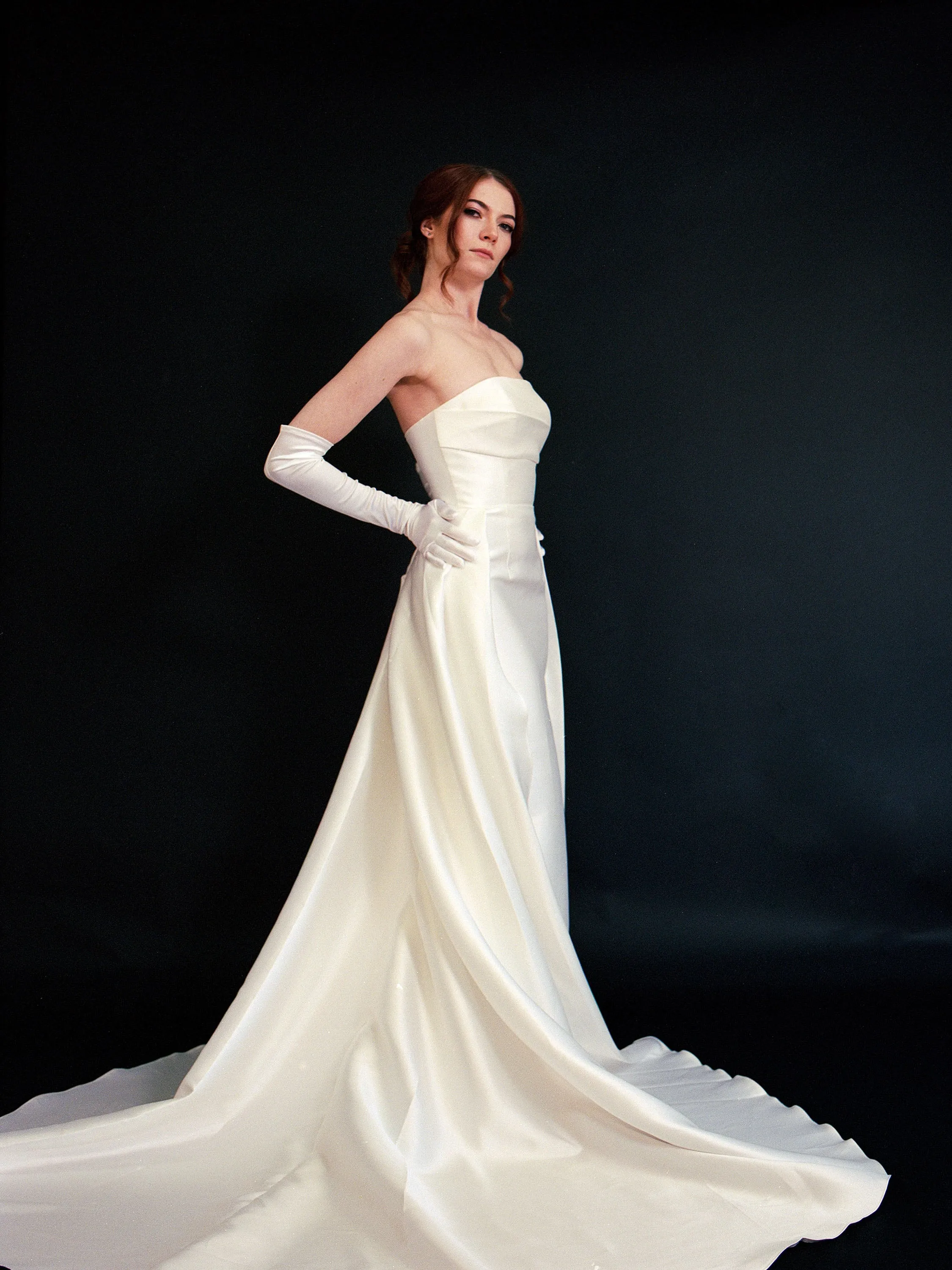 Style D2415 - Lux Mikado Strapless Pleated Bodice sheath gown with detachable A-line Skirt