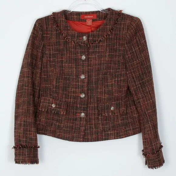 Sundance Fringe Tweed Wool Blend Orange Blazer Jacket Womens Size 6