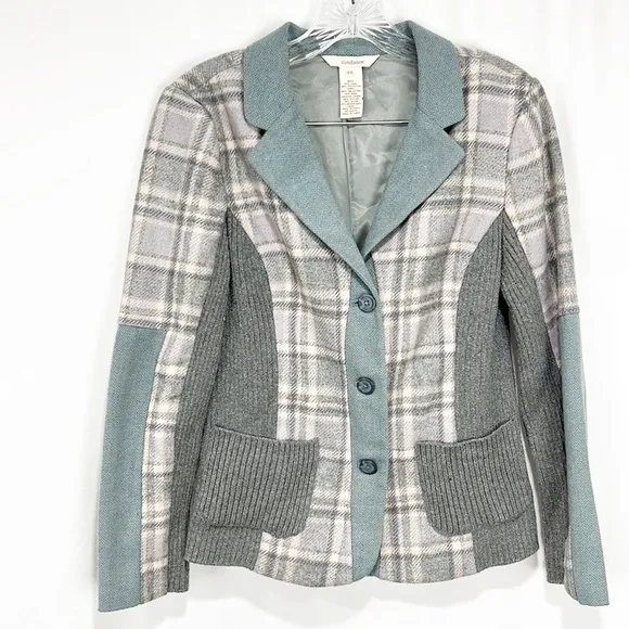 SUNDANCE Mixed Media Blue Plaid Blazer Jacket Gray Blue Wool 6P 6 Petite Wool