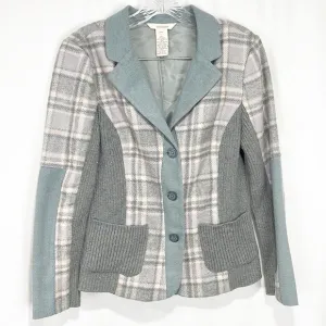 SUNDANCE Mixed Media Blue Plaid Blazer Jacket Gray Blue Wool 6P 6 Petite Wool