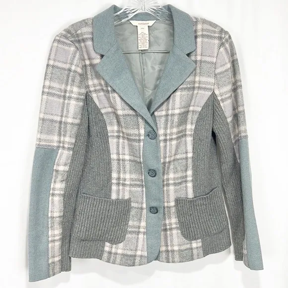 SUNDANCE Mixed Media Blue Plaid Blazer Jacket Gray Blue Wool 6P 6 Petite Wool