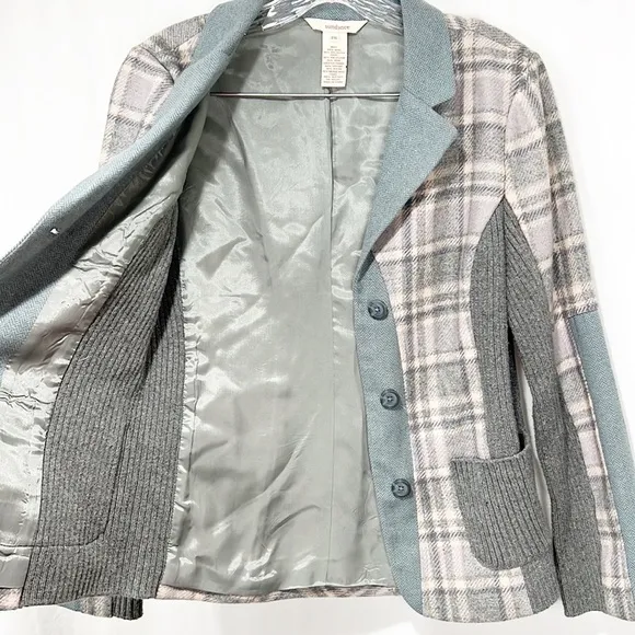 SUNDANCE Mixed Media Blue Plaid Blazer Jacket Gray Blue Wool 6P 6 Petite Wool