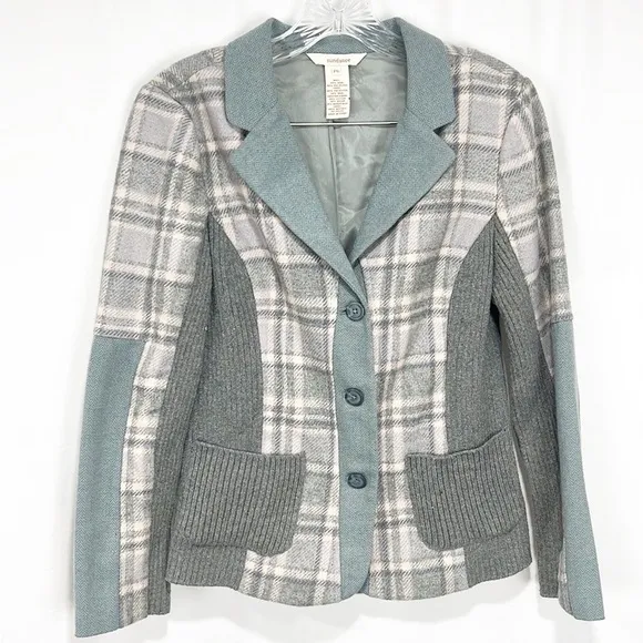 SUNDANCE Mixed Media Blue Plaid Blazer Jacket Gray Blue Wool 6P 6 Petite Wool
