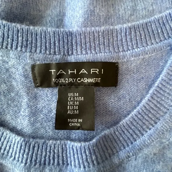 TAHARI 100% 2 ply cashmere blue sweater MED