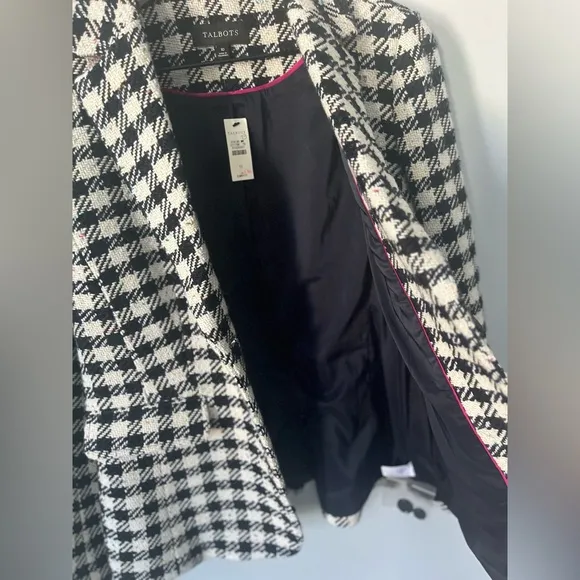 Talbots Blazer Jacket Wool Blend Houndstooth Lined Black White Size 10 NEW