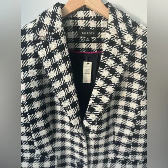 Talbots Blazer Jacket Wool Blend Houndstooth Lined Black White Size 10 NEW