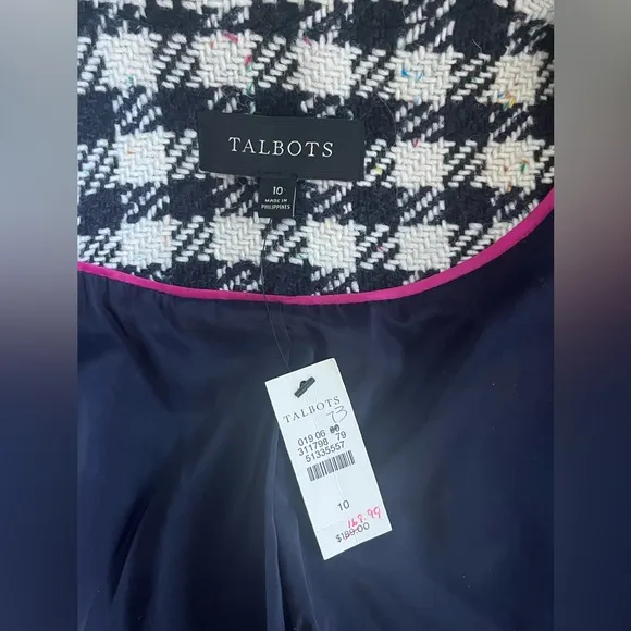 Talbots Blazer Jacket Wool Blend Houndstooth Lined Black White Size 10 NEW