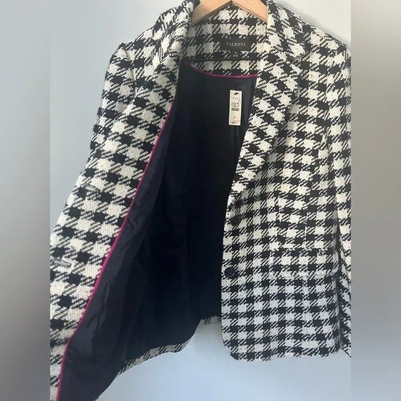 Talbots Blazer Jacket Wool Blend Houndstooth Lined Black White Size 10 NEW