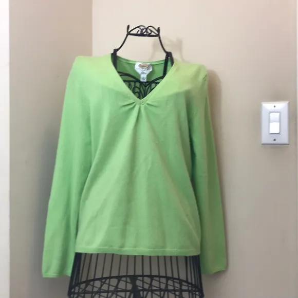 Talbots Lime Green Cashmere V-Neck Sweater Size LP