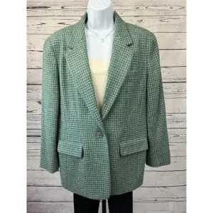 Talbots One Button Tweed Blazer Jacket Women’s Petite 14 Houndstooth Wool Green