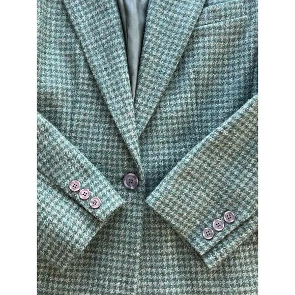 Talbots One Button Tweed Blazer Jacket Women’s Petite 14 Houndstooth Wool Green