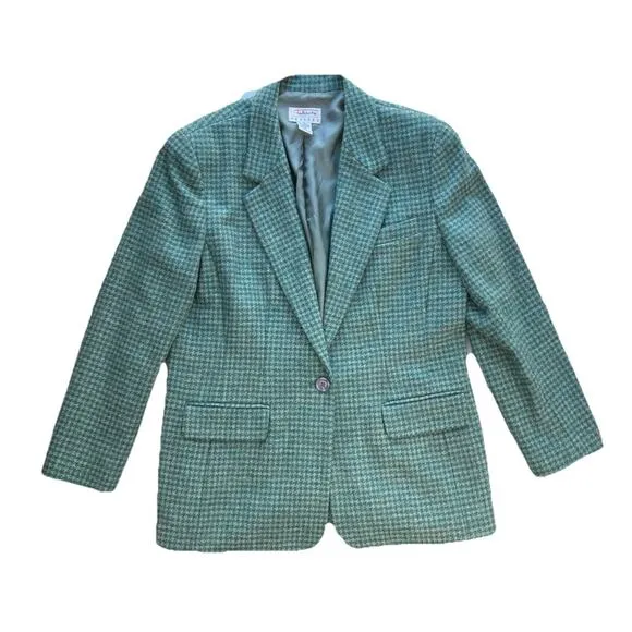 Talbots One Button Tweed Blazer Jacket Women’s Petite 14 Houndstooth Wool Green