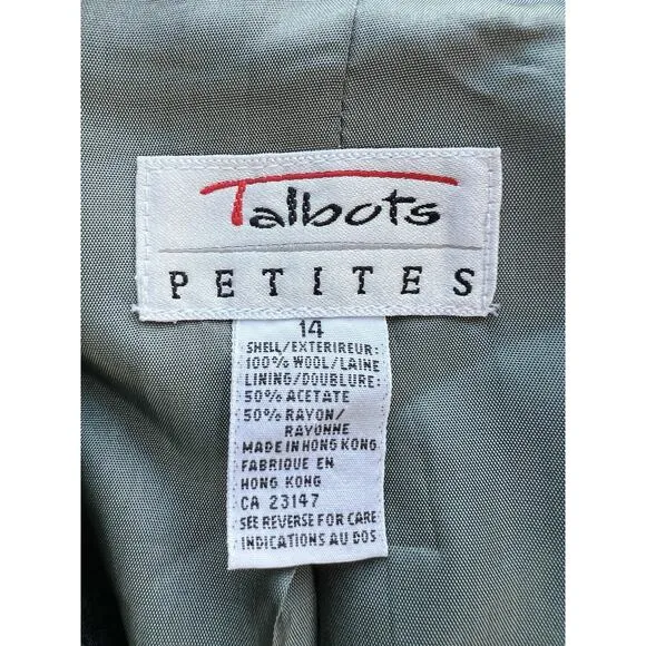 Talbots One Button Tweed Blazer Jacket Women’s Petite 14 Houndstooth Wool Green