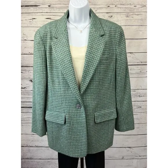 Talbots One Button Tweed Blazer Jacket Women’s Petite 14 Houndstooth Wool Green