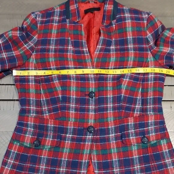 Talbots Red Blue Tartan Plaid Wool Blazer Sz 10