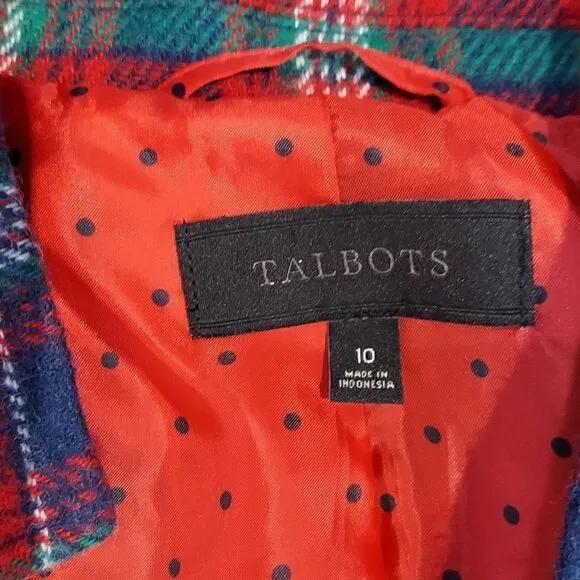 Talbots Red Blue Tartan Plaid Wool Blazer Sz 10