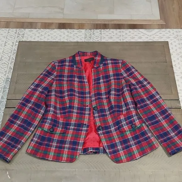 Talbots Red Blue Tartan Plaid Wool Blazer Sz 10