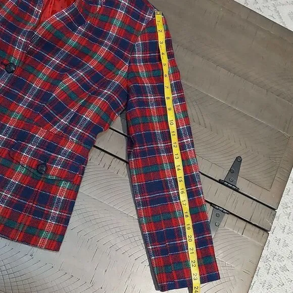 Talbots Red Blue Tartan Plaid Wool Blazer Sz 10