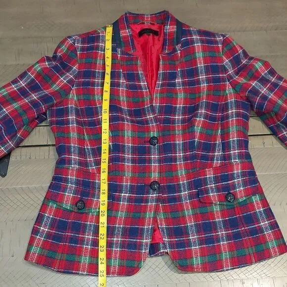 Talbots Red Blue Tartan Plaid Wool Blazer Sz 10
