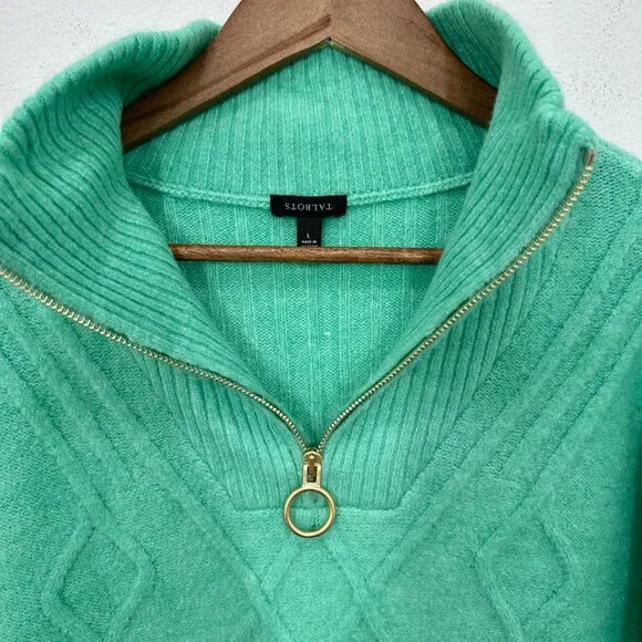 Talbots Size Large Cable Knit Half-Zip Sweater Soft Jade Cozy Soft Casual