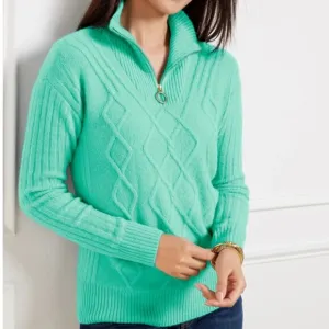 Talbots Size Large Cable Knit Half-Zip Sweater Soft Jade Cozy Soft Casual