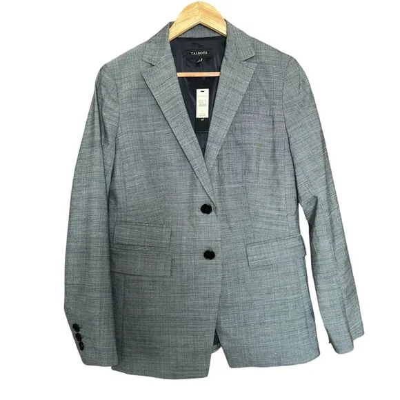 Talbots Two Button Notched Collar Wool Blend Gray White Career NWT Blazer size 8