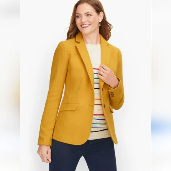 Talbots Womens 6 Wool Blend Blazer Jacket Yellow Lapel Coat Fully Lined