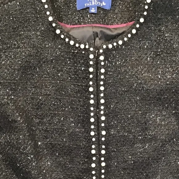 Talbots Womens Tweed Blazer Size 10 Boucle Jacket Pearl Trim Wool Blend Shimmer