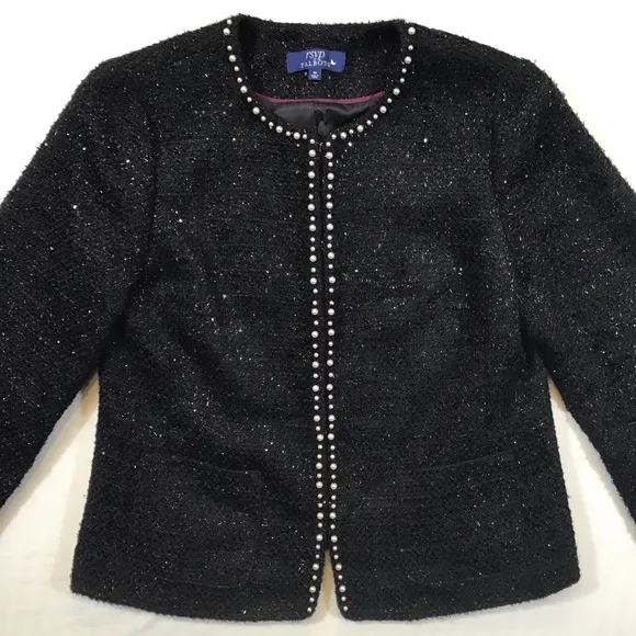 Talbots Womens Tweed Blazer Size 10 Boucle Jacket Pearl Trim Wool Blend Shimmer