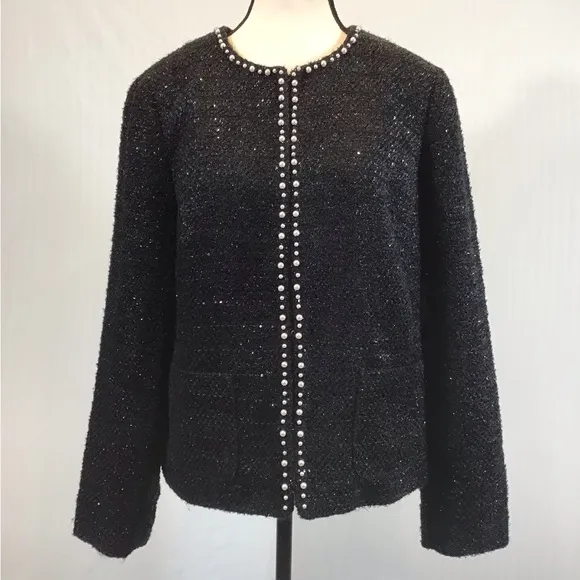 Talbots Womens Tweed Blazer Size 10 Boucle Jacket Pearl Trim Wool Blend Shimmer