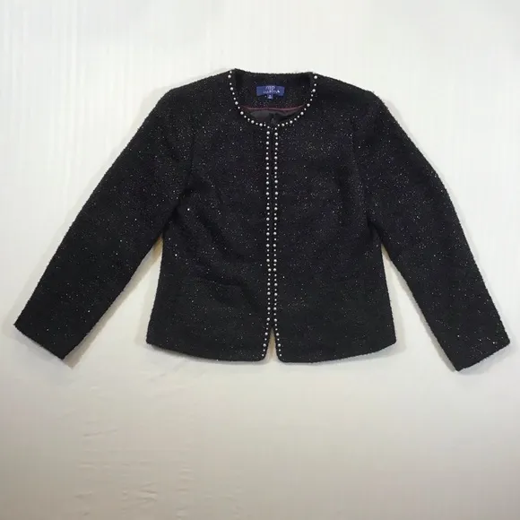 Talbots Womens Tweed Blazer Size 10 Boucle Jacket Pearl Trim Wool Blend Shimmer