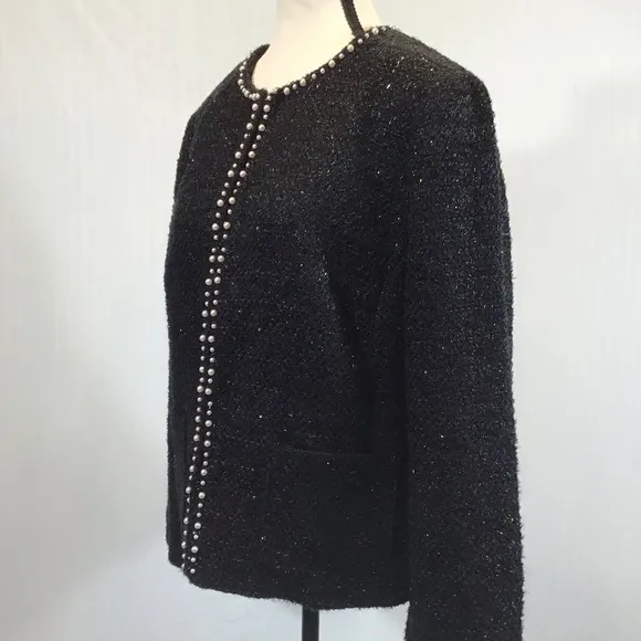 Talbots Womens Tweed Blazer Size 10 Boucle Jacket Pearl Trim Wool Blend Shimmer