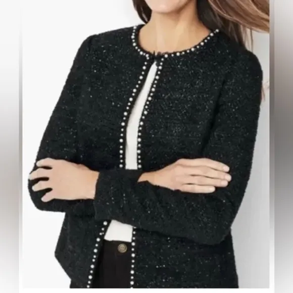 Talbots Womens Tweed Blazer Size 10 Boucle Jacket Pearl Trim Wool Blend Shimmer