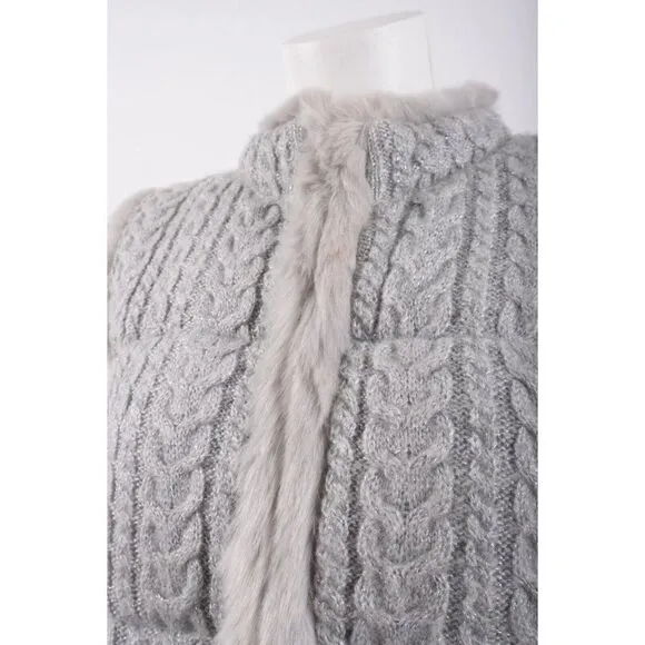 Talbots Womens Gray Metallic Sweater Vest Cable Knit Faux Fur Trim M Medium