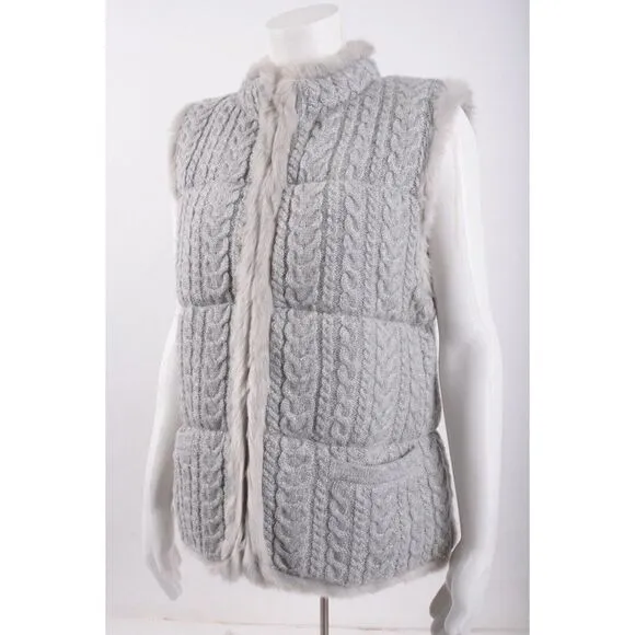 Talbots Womens Gray Metallic Sweater Vest Cable Knit Faux Fur Trim M Medium